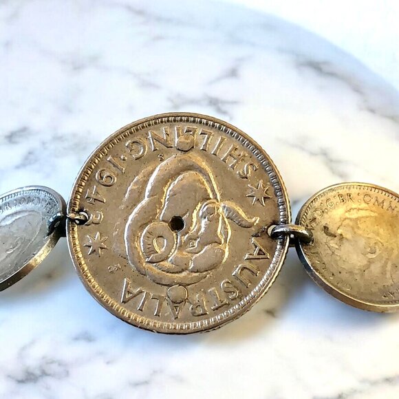Australian Silver Coins WII Sweetheart Bracelet Shell Trench Art 6" - Picture 13 of 15